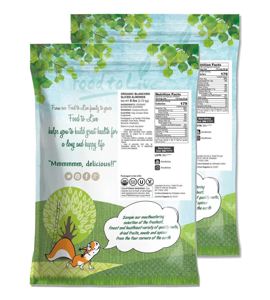 Food to Live - Organic Blanched Sliced Almonds, 12 Pounds — Non-GMO, Raw, Unpasteurized, Unsalted, Vegan, Keto, Paleo, Kosher, Bulk, High in Protein