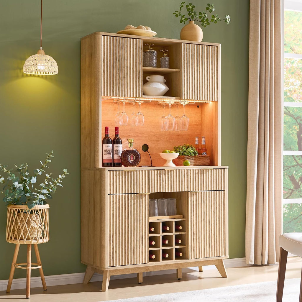 OKD 72' Tall Fluted Coffee Bar Cabinet with Ample Storage, Modern Buffet Sideboard with Glass Holder/Wine Rack/Led Lights/Charging Station, Wine Cabinet for Kitchen, Dining Room, Home Bar, Natural Oak