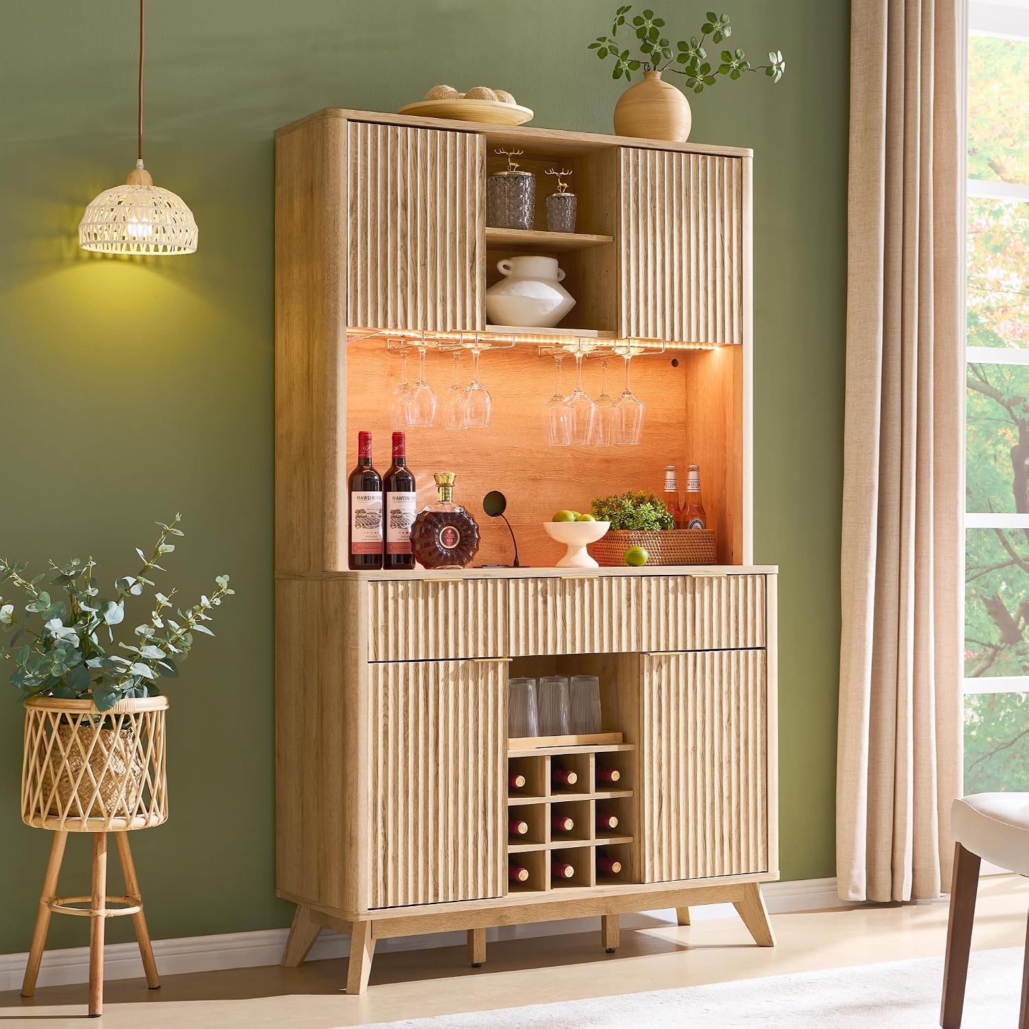 OKD 72' Tall Fluted Coffee Bar Cabinet with Ample Storage, Modern Buffet Sideboard with Glass Holder/Wine Rack/Led Lights/Charging Station, Wine Cabinet for Kitchen, Dining Room, Home Bar, Natural Oak