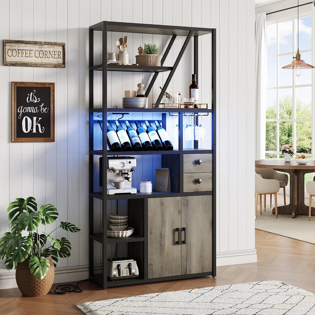 GAOMON Bar Cabinet with Power Outlets, 71.2' Tall Wine Liquor Cabinets with LED Lights and Glass Holder, Coffee Bar Station for Living Room, Microwave Stand Bakers Rack Cabinets, Grey