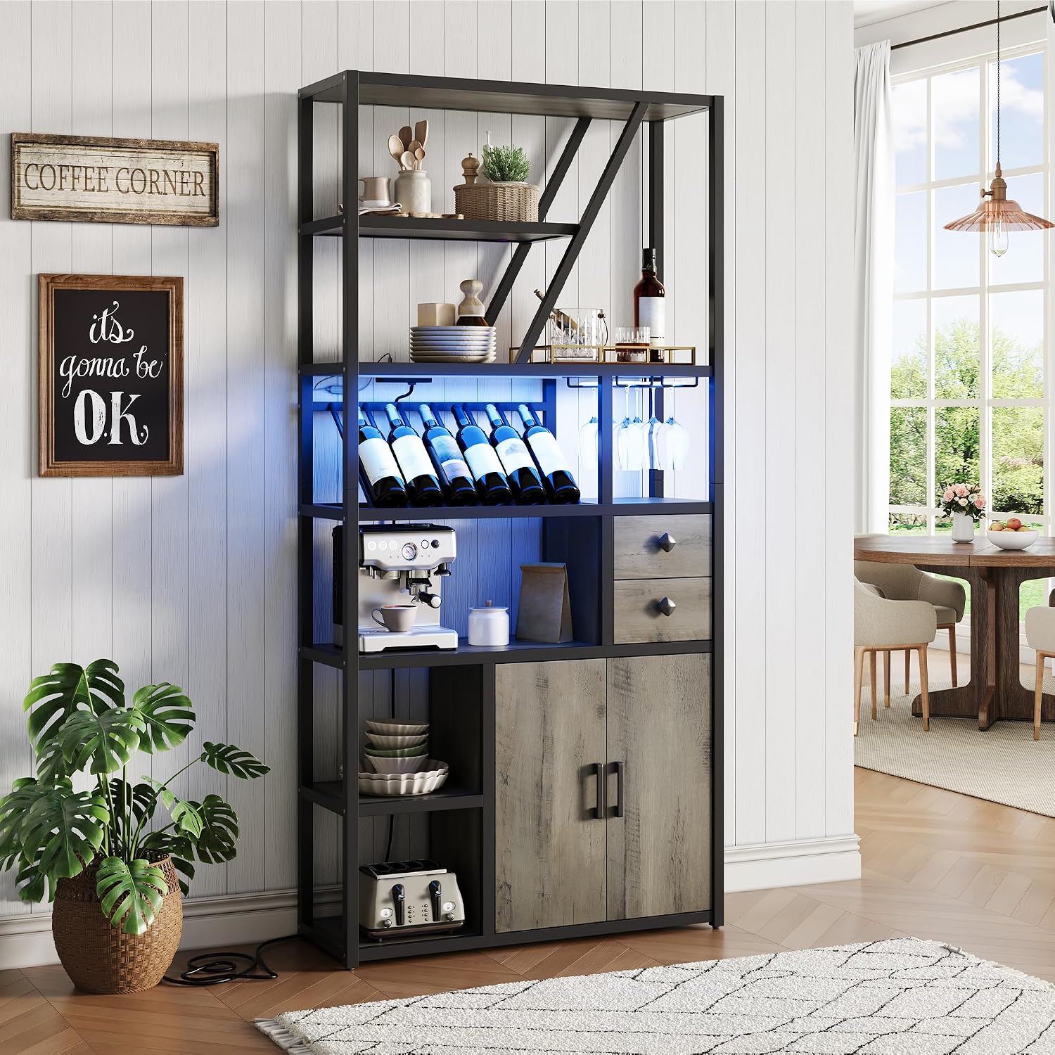 GAOMON Bar Cabinet with Power Outlets, 71.2' Tall Wine Liquor Cabinets with LED Lights and Glass Holder, Coffee Bar Station for Living Room, Microwave Stand Bakers Rack Cabinets, Grey