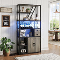 Wine Bar Cabinet with LED Lights, Tall Coffee Bar Station with Power Outlets and Wine Rack - Kitchen Microwave Stand Bakers Rack Cabinet for Living Room, Dining Room & Home Bar