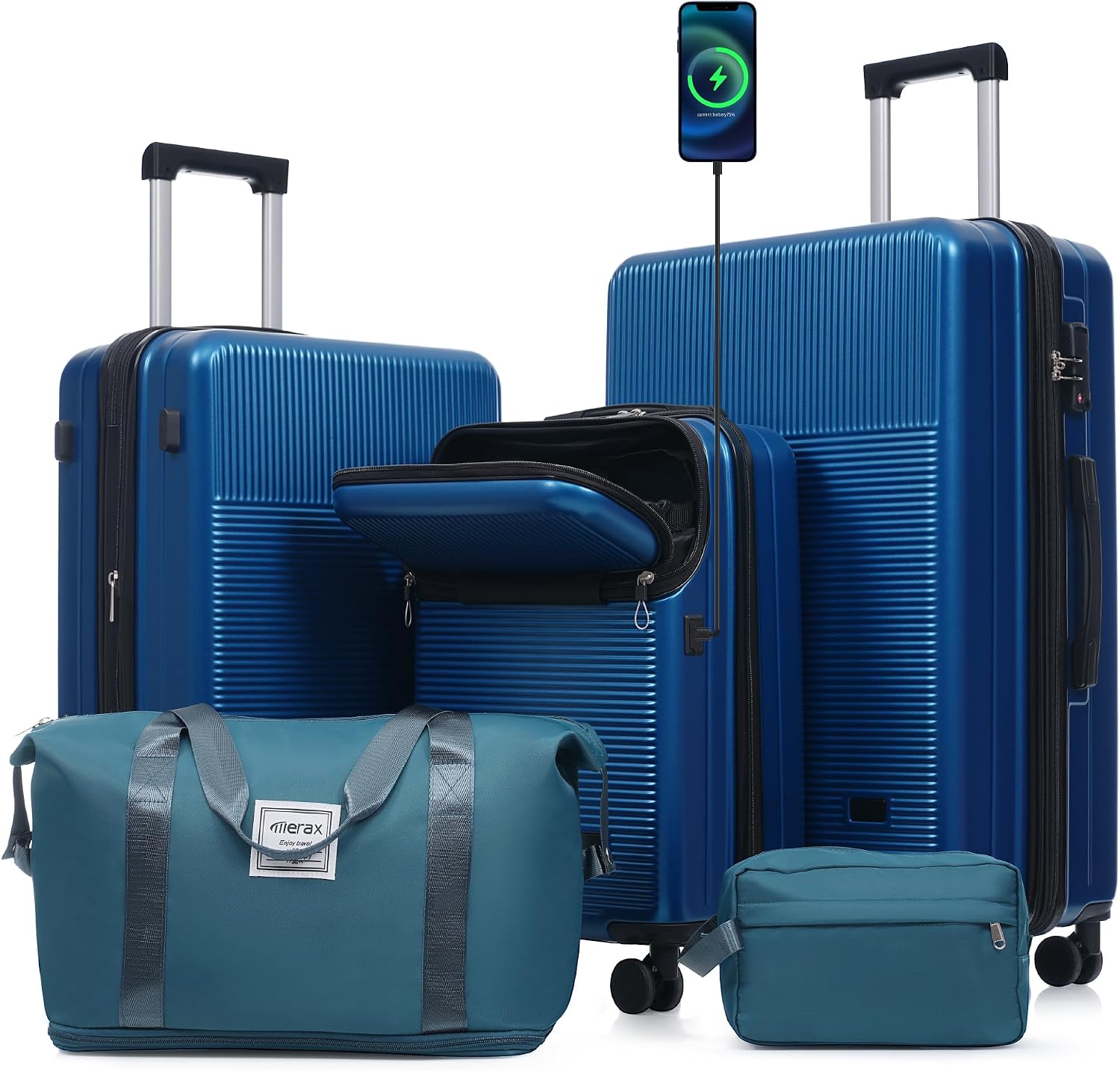 Merax Luggage Sets 5 Piece with Half-opening, Hardside 20' Carry On Suitcase Set with USB Port,Lightweight Travel 24' 28' Luggage with Bags TSA Locks Double Spinner Wheels,Blue