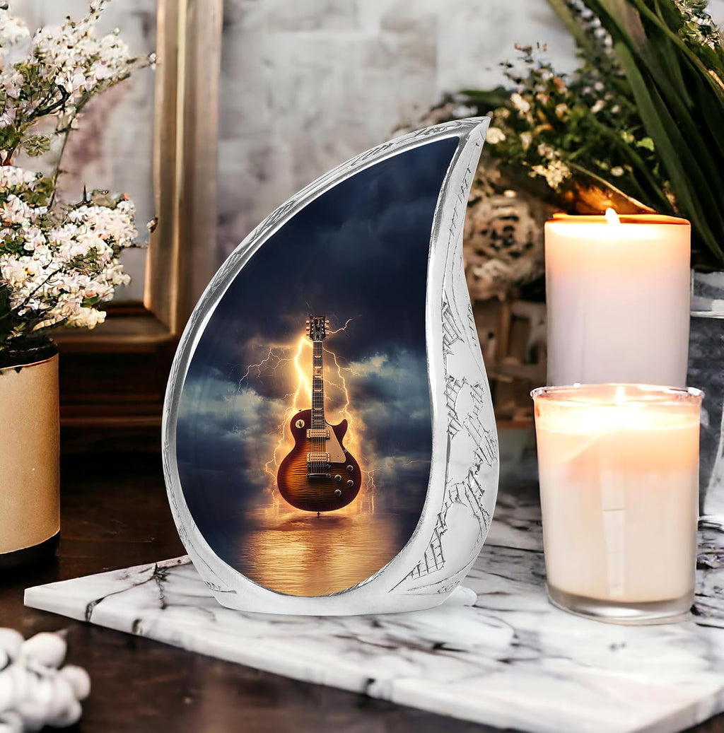 Guitar Memorial Urns for Human Ashes Adult Female - Black Teardrop Urns for Adult Male - 10 Inch Large Urn for Funeral Gift - Cremation Urn for Ashes for Women & Man
