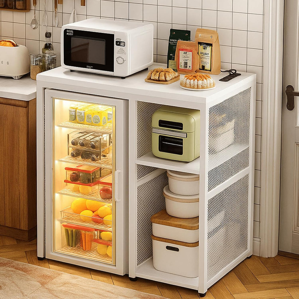 Homieasy Mini Fridge Cabinet with Power Outlet, Coffee Bar Cabinet with Mini Fridge Space, Industrial Liquor Cabinet with Wine Storage & Glass Holder for Dorm, Living Room, Home Kitchen, White