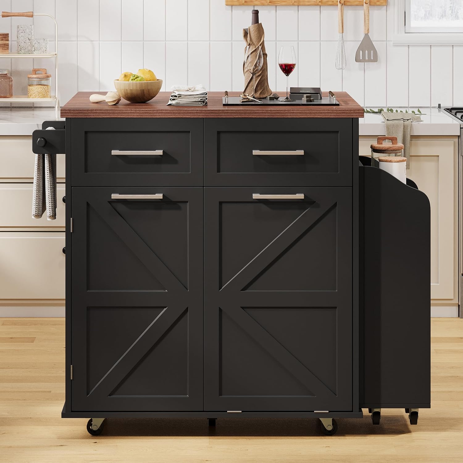 47.2' Farmhouse Kitchen Island with Drop Leaf and Removable Side Racks, Two Drawers, Rolling Kitchen Cart on Wheels with Towel Rack, for Home, Dining Room (Black/V1)