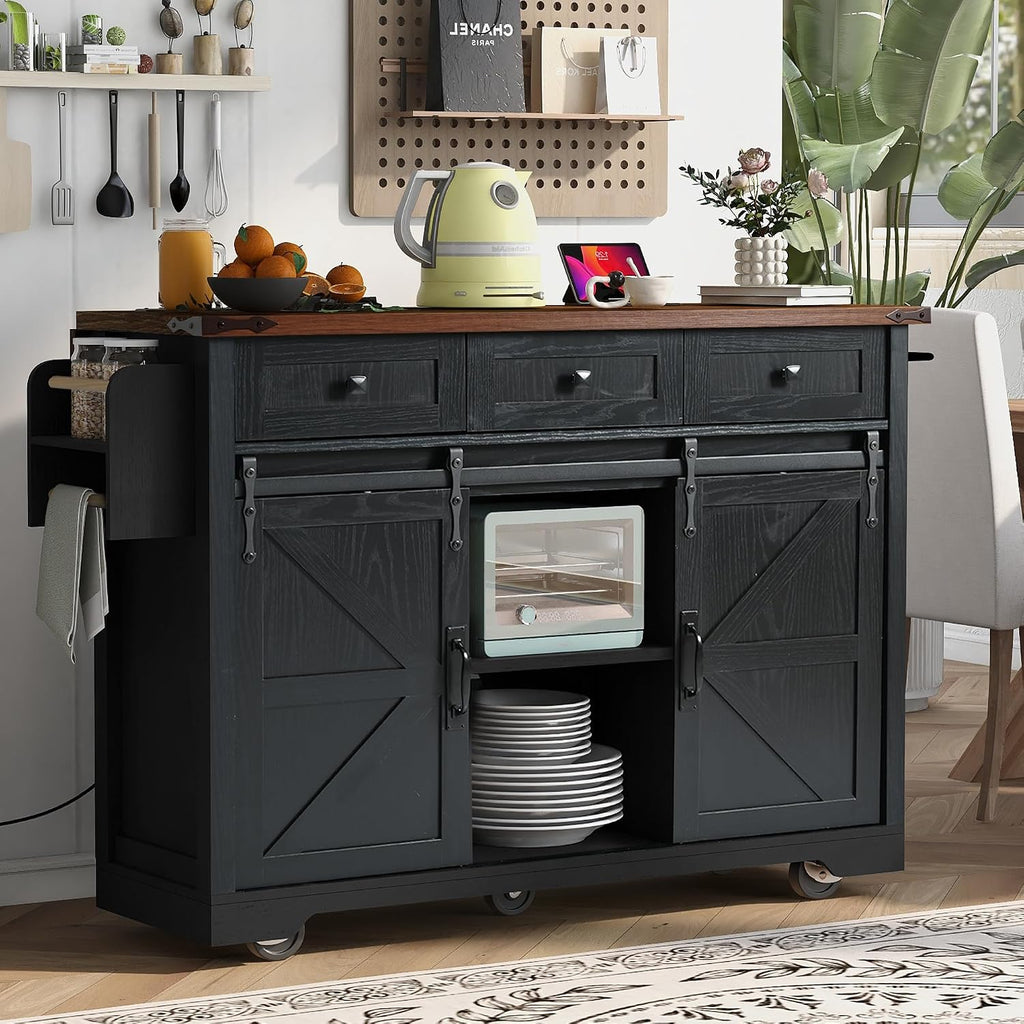 Farmhouse Kitchen Island with Power Outlet, 2 Sliding Barn Door and Drop Leaf, Spice Rack Rolling Kitchen Cart on Wheels for Home and Dining Room (Black/P)