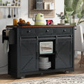 Farmhouse Kitchen Island with Power Outlet, 2 Sliding Barn Door and Drop Leaf, Spice Rack Rolling Kitchen Cart on Wheels for Home and Dining Room (Black/P)
