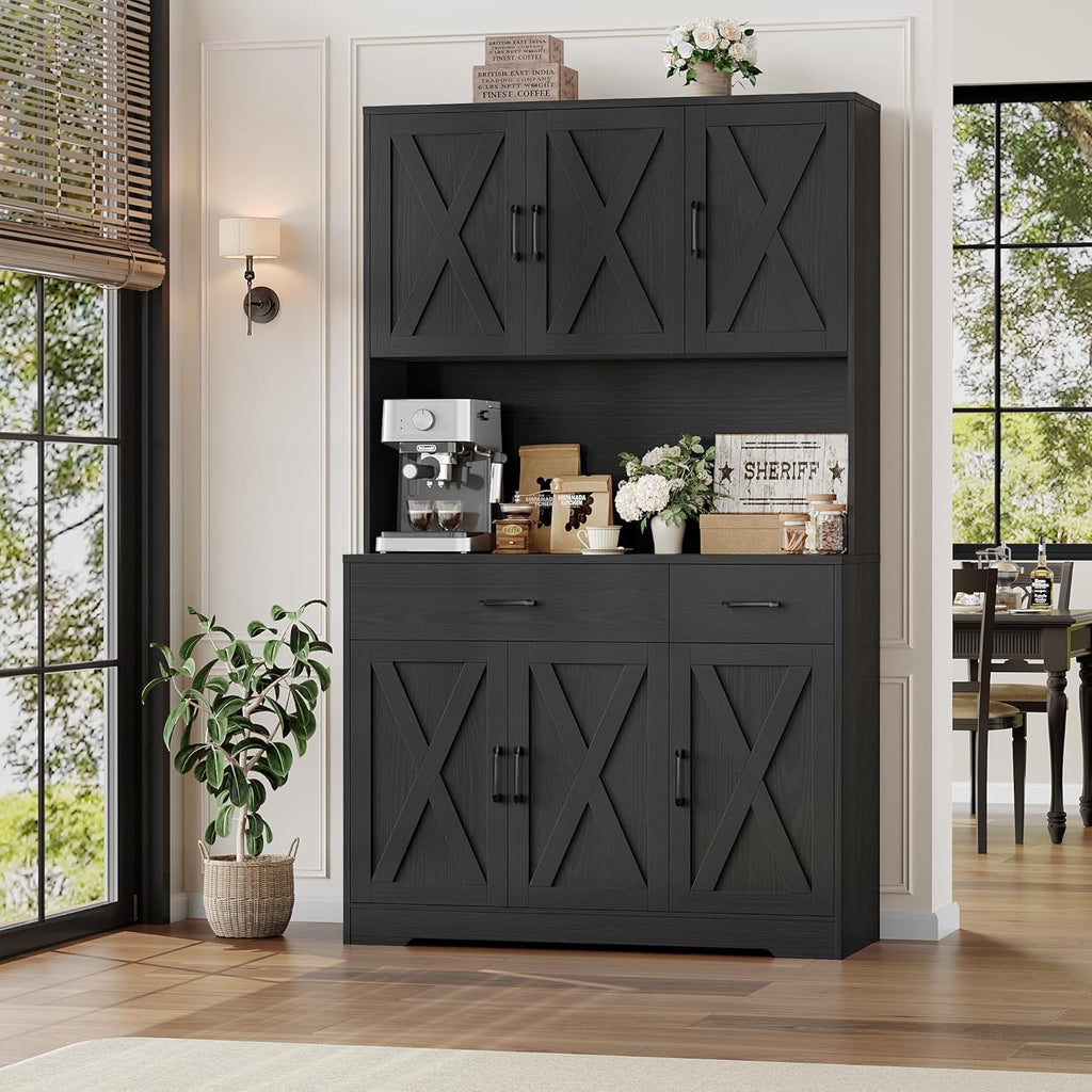 HOSTACK 71' Pantry Cabinet with Charging Station, Tall Kitchen Pantry Storage Cabinet with Microwave Stand, Farmhouse Kitchen Hutch with Storage Drawers for Living Room, Dining Room, Black Wood Grain