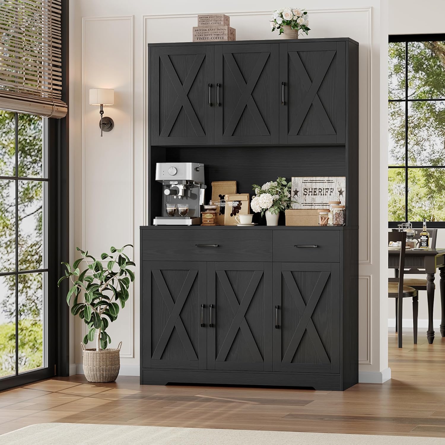 HOSTACK 71' Pantry Cabinet with Charging Station, Tall Kitchen Pantry Storage Cabinet with Microwave Stand, Farmhouse Kitchen Hutch with Storage Drawers for Living Room, Dining Room, Black Wood Grain