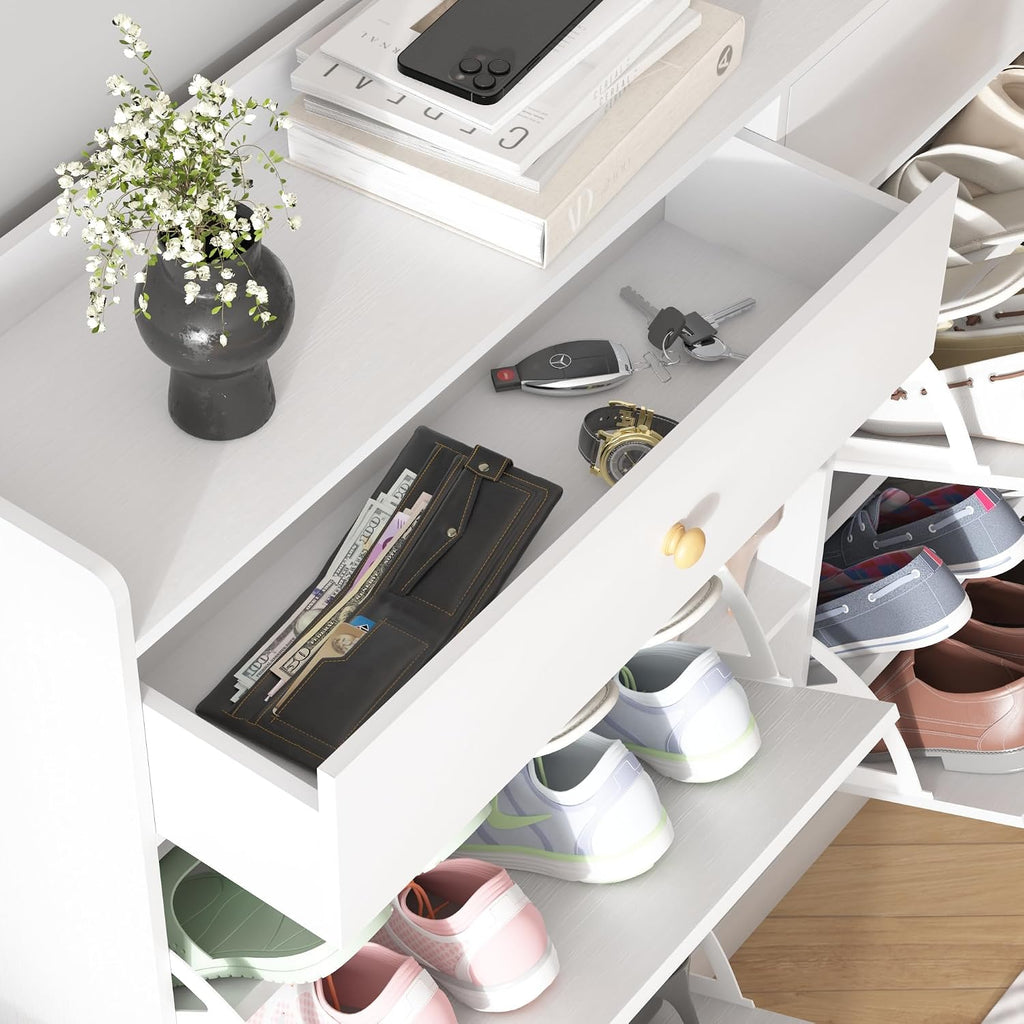 Shoe Cabinet for Entryway,Shoe Rack Storage Organizer with Drawers,Freestanding Modern Shoe Storage Cabinet,White