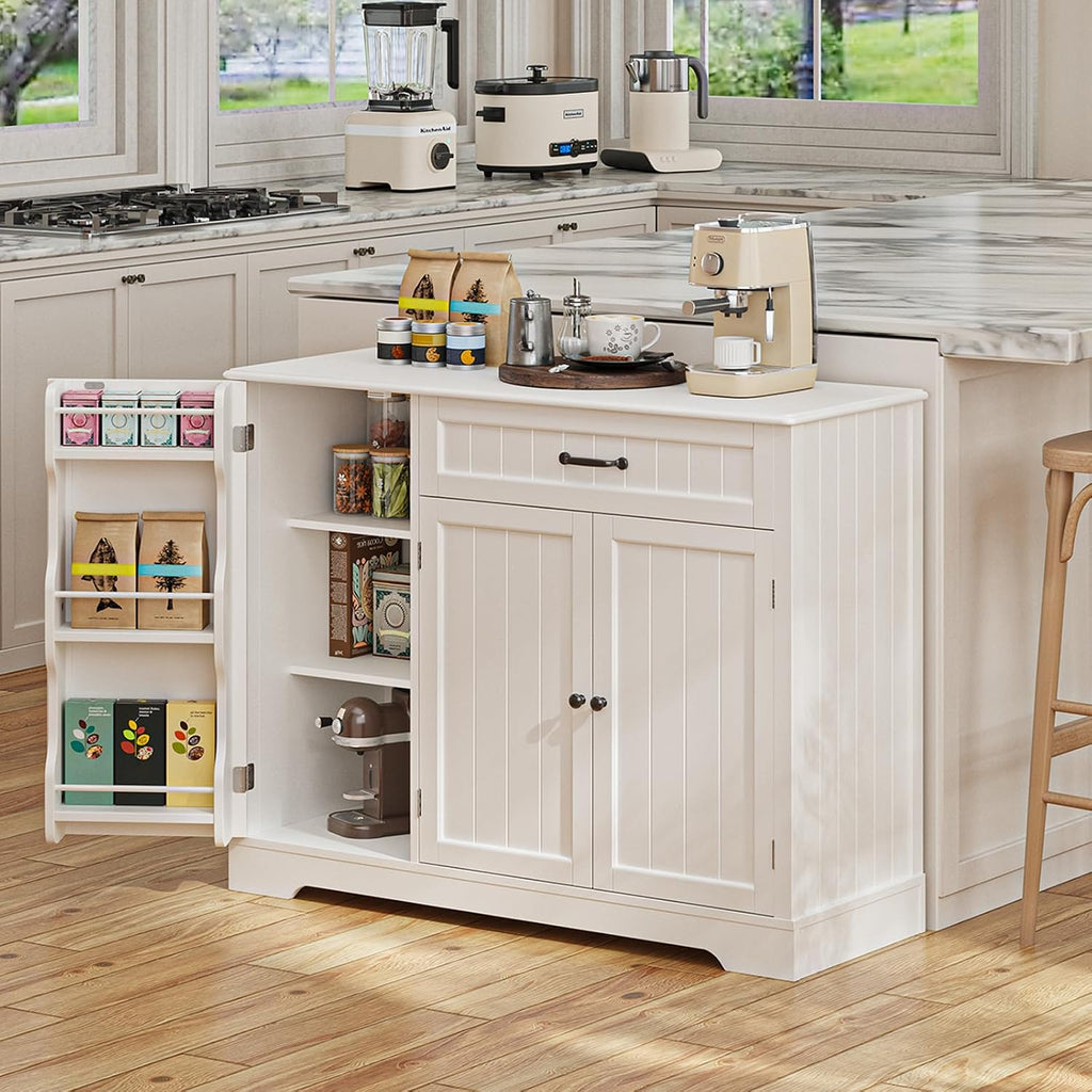 Gizoon Kitchen Coffee Bar Cabinet with Storage Kitchen Sideboard Buffet Cabinet with Drawers, Short Pantry with Door and Shelves for Bathroom and Living Room, White, Painted