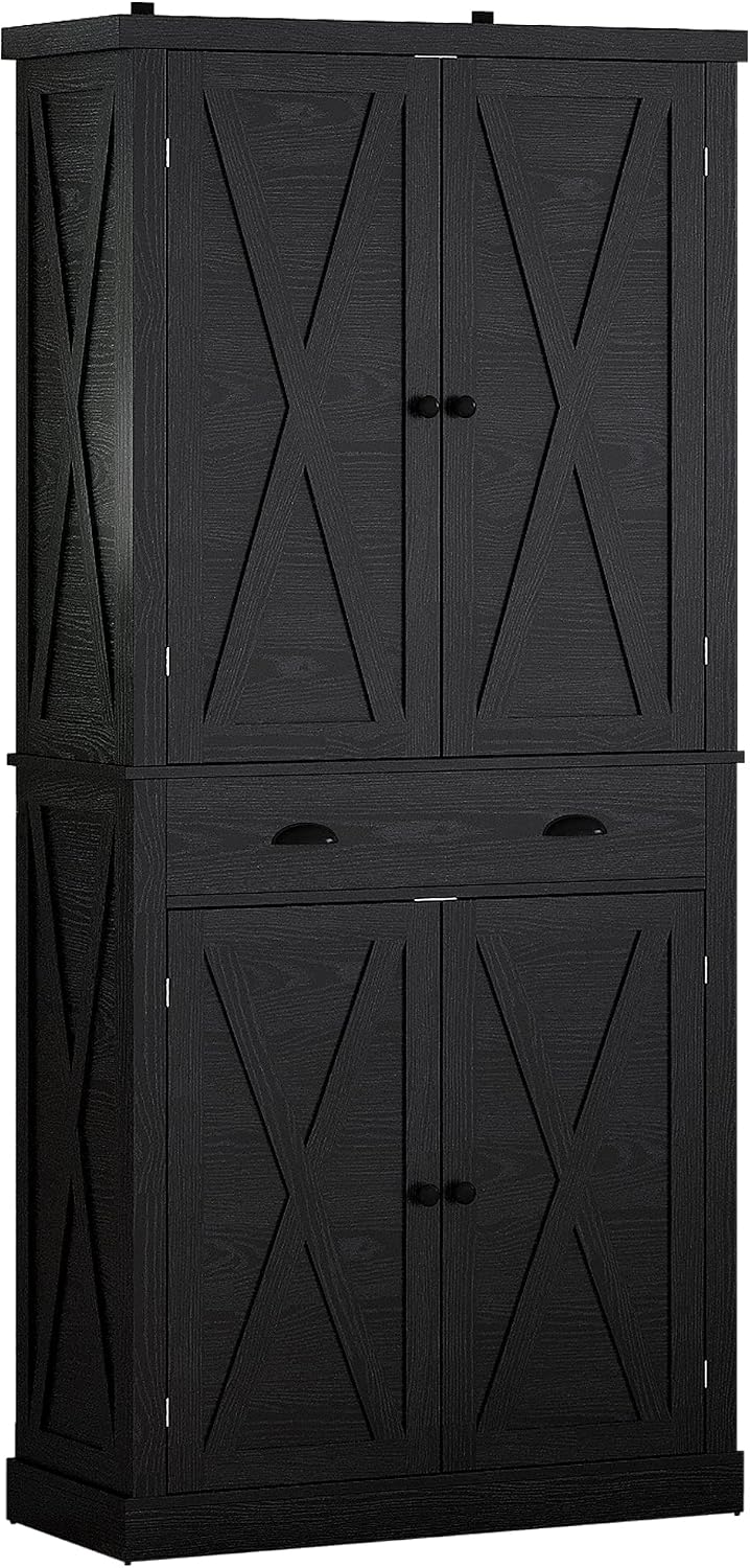 IRONCK Kitchen Pantry Storage Cabinet 72.6' H, with Barn Doors, Drawer, 4 Adjustable Shelves, Freestanding Cupboard for Dining Room Living Room, Laundry, Black