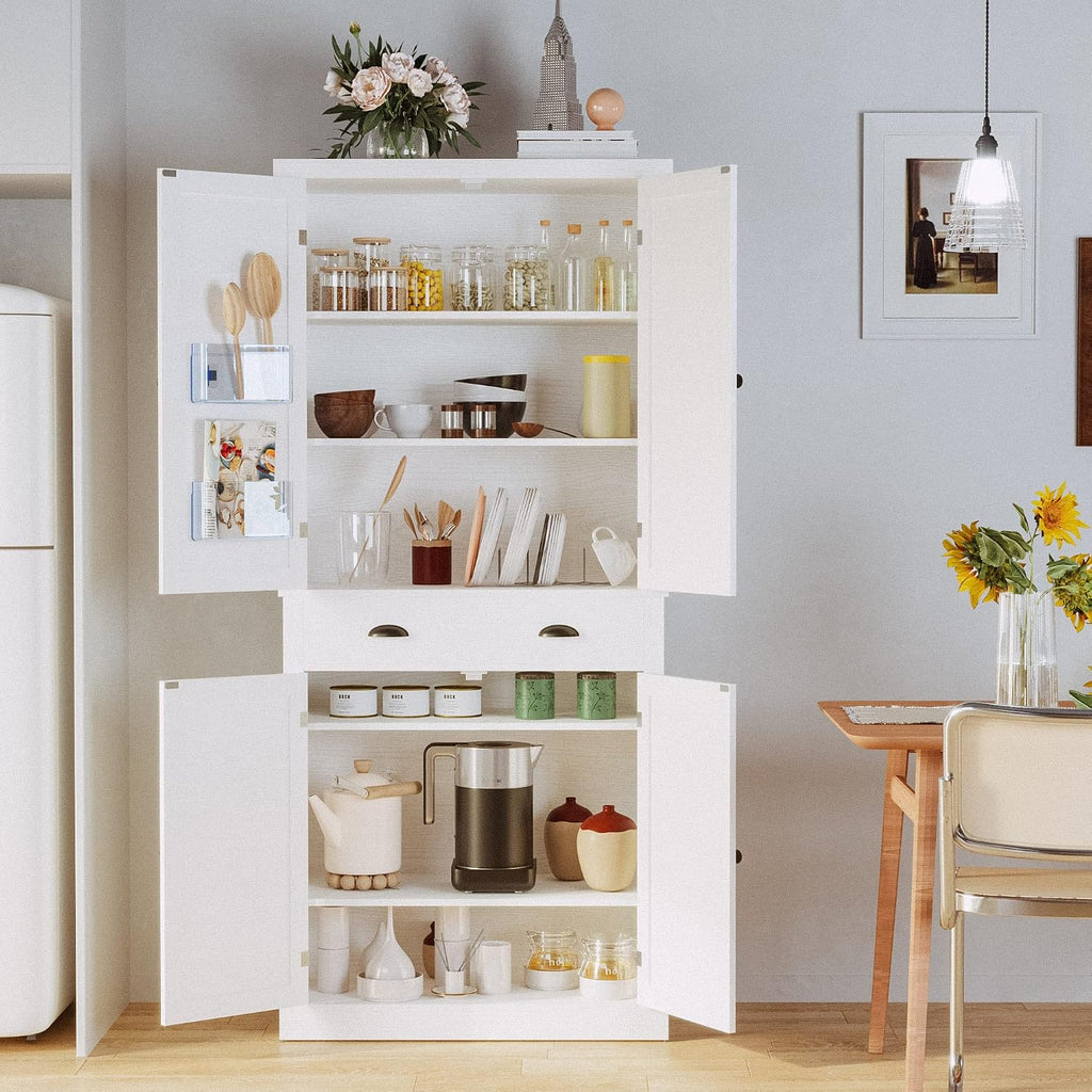 IRONCK Kitchen Pantry Storage Cabinet 72.6' H, with Barn Doors, Drawer, 4 Adjustable Shelves, Freestanding Cupboard, Laundry, White