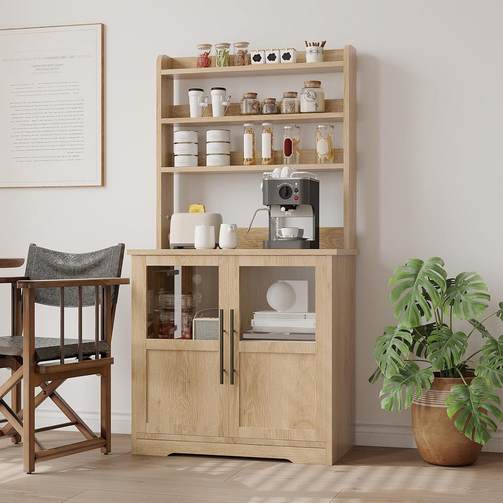 Microwave Stand Bakers Rack Cabinet with Power Outlet and Thickened Counter, Freestanding Farmhouse Coffee Bar Cabinet, Tall Kitchen Pantry Hutch with Glass Doors for Dining Room