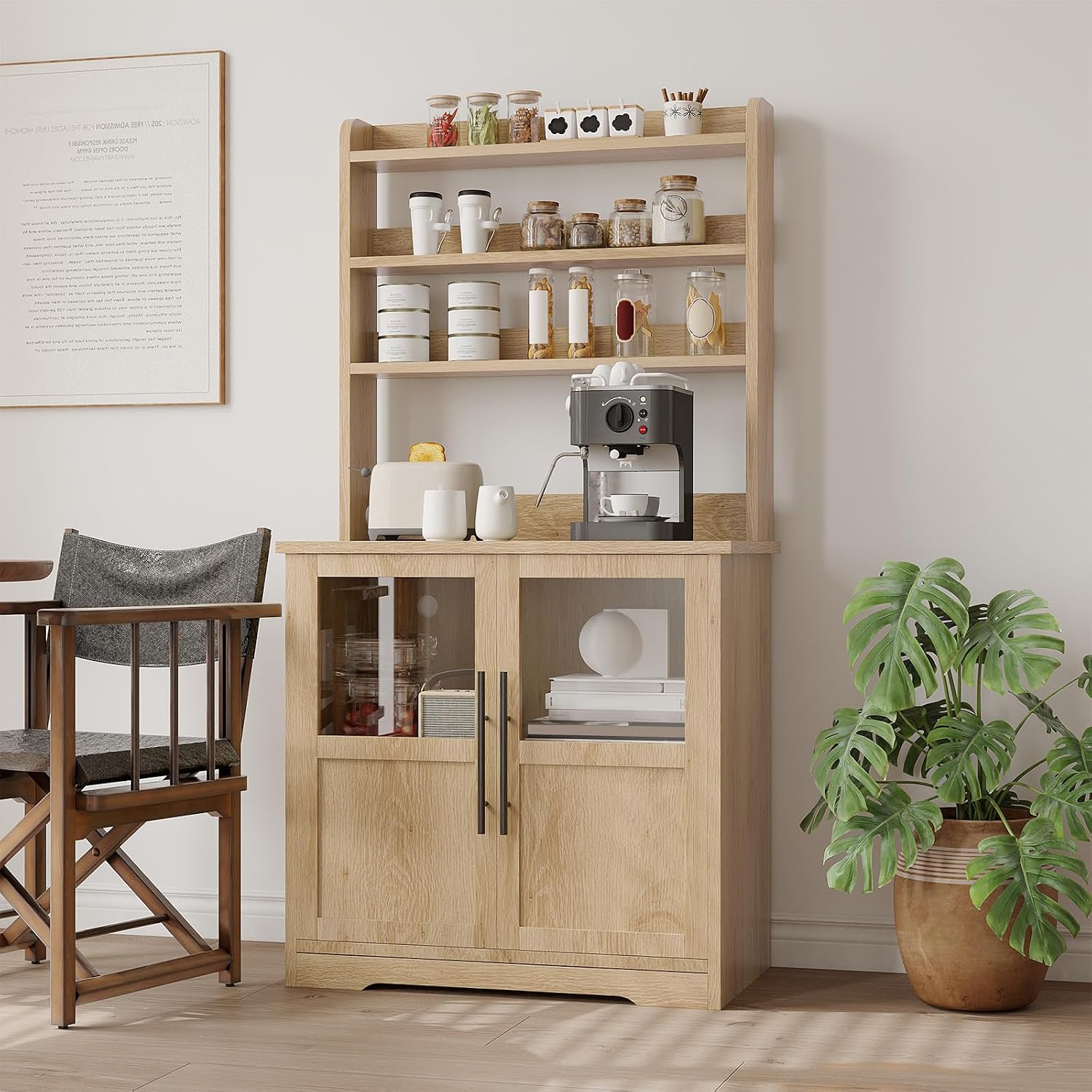 Microwave Stand Bakers Rack Cabinet with Power Outlet and Thickened Counter, Freestanding Farmhouse Coffee Bar Cabinet, Tall Kitchen Pantry Hutch with Glass Doors for Dining Room