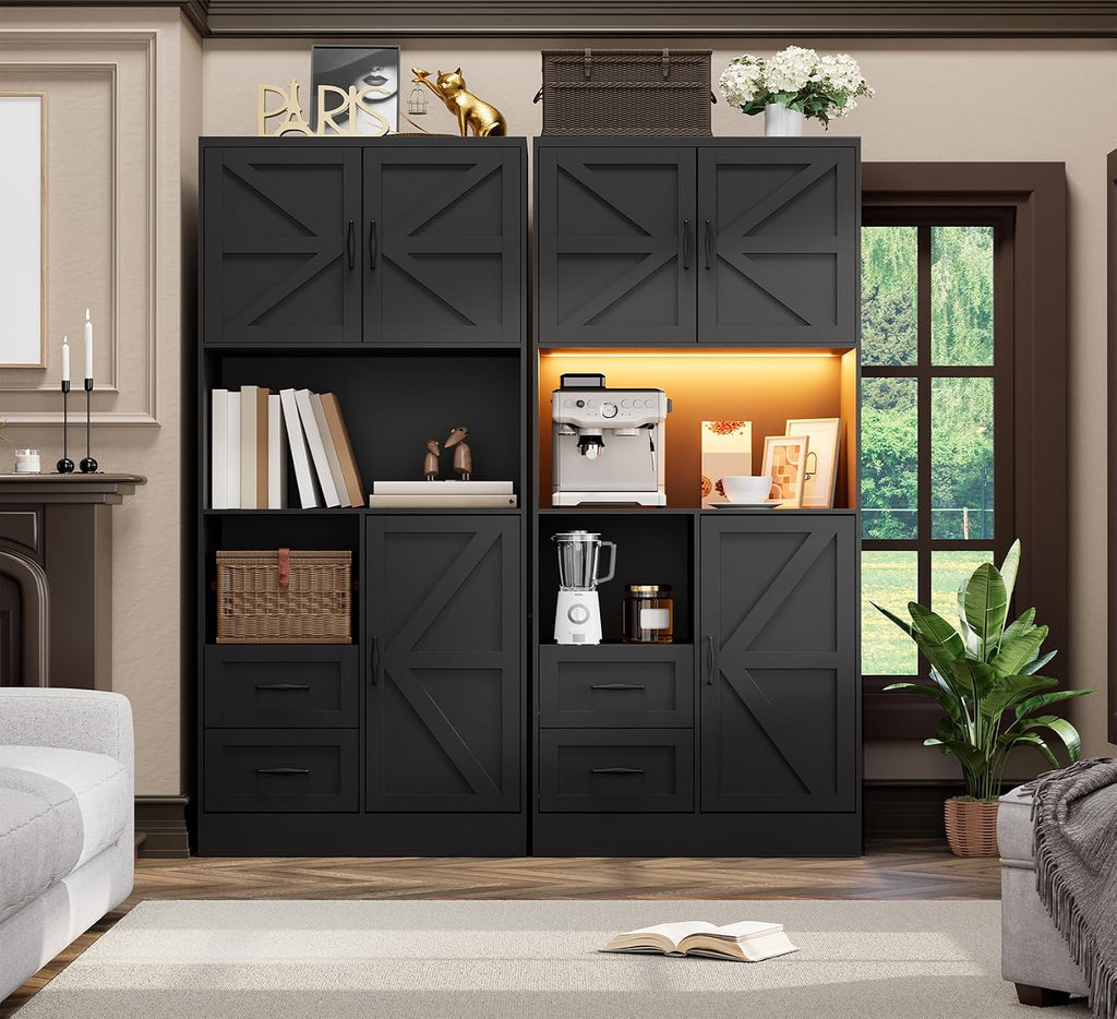 Kitchen Pantry Storage Cabinet with LED Lights and Power Strip, Tall Farmhouse Kitchen Pantry with Barn Doors and Drawers, Adjustable Shelves for Dining Living Room (Black)