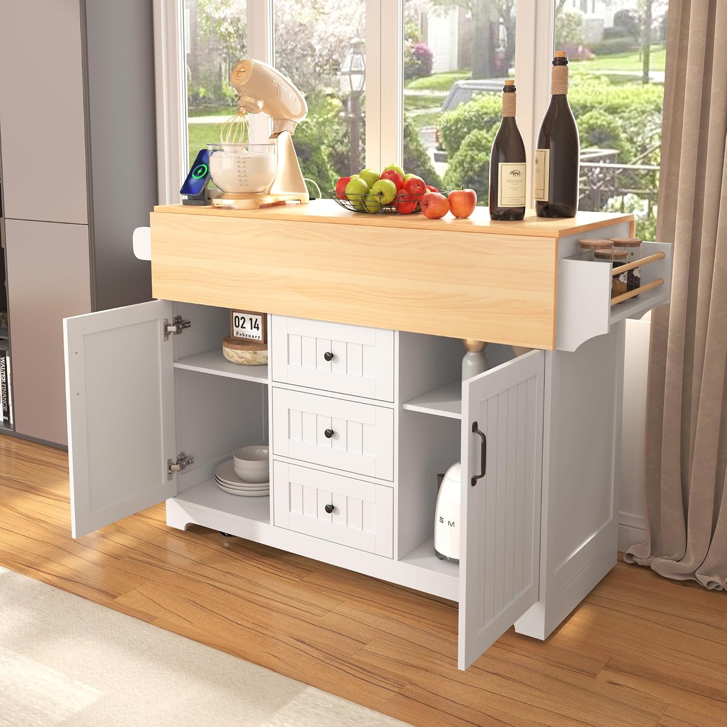 Modern Large Kitchen Island with 2 Drop Leaf, Rolling Kitchen Cart on 5 Wheels with Power Outlet, Folding Storage Dining Table for Kitchen, Dining Room (White/Folding)
