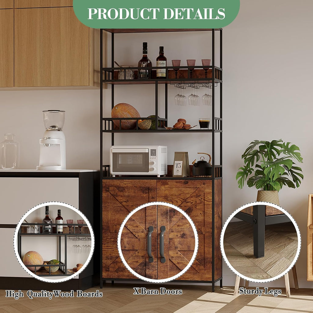 70.8' Tall Bar Cabinet, 5 Tier Storage Cabinet, with Wine Rack & Bakers RackKitchen Pantry Microwave Stand, Freestanding Liquor Cabinet & Coffee Bar Hutch for Dining Room, Living Room