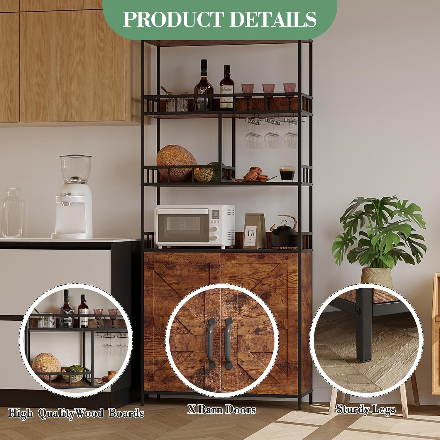 70.8' Tall Bar Cabinet, 5 Tier Storage Cabinet, with Wine Rack & Bakers RackKitchen Pantry Microwave Stand, Freestanding Liquor Cabinet & Coffee Bar Hutch for Dining Room, Living Room