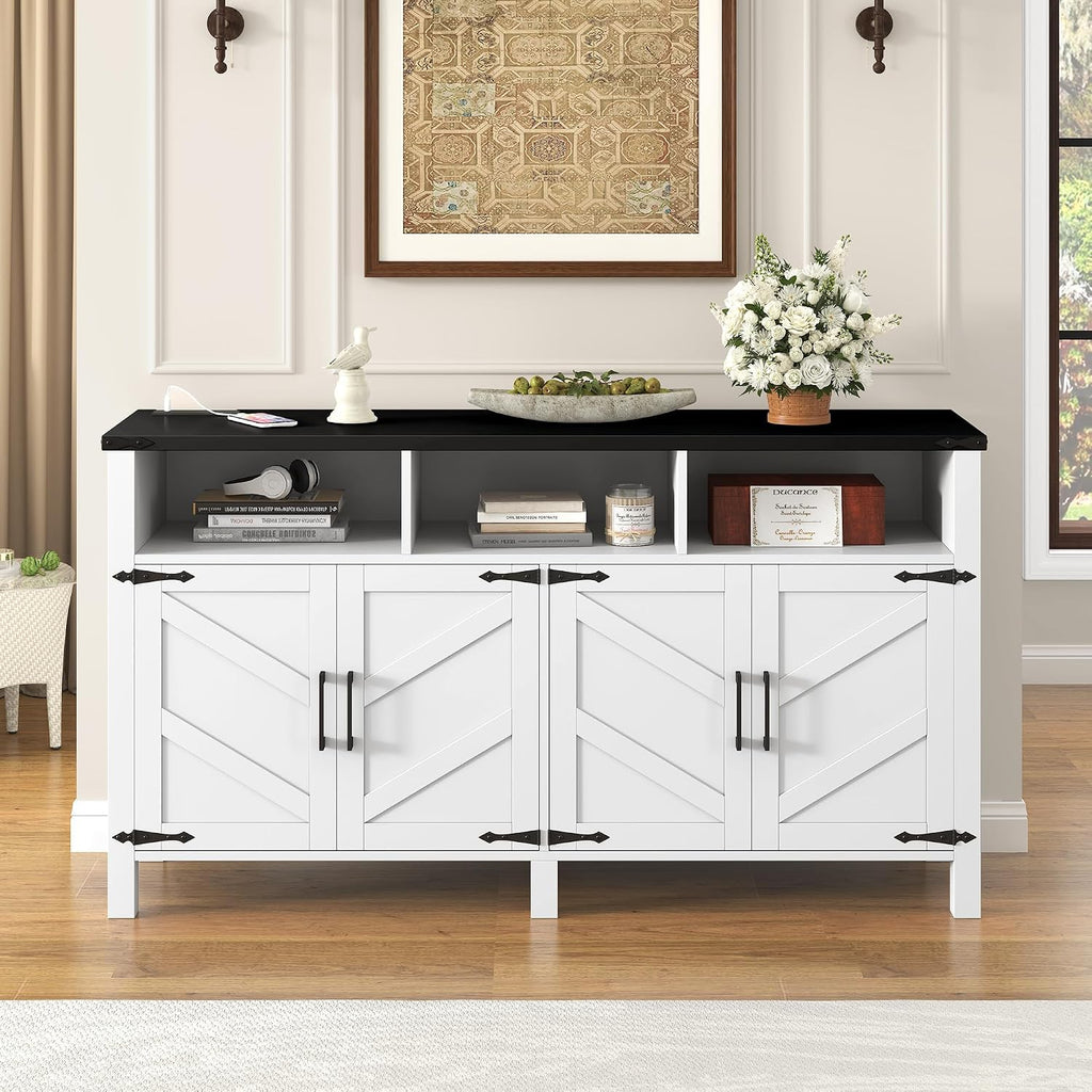 59' Modern Freestanding Storage Cabinet, Kitchen Storage Bakers Rack with Power Outlets, Utility Food Cupboard with Adjustable Shelves for Dining Room Living Room, White+Black