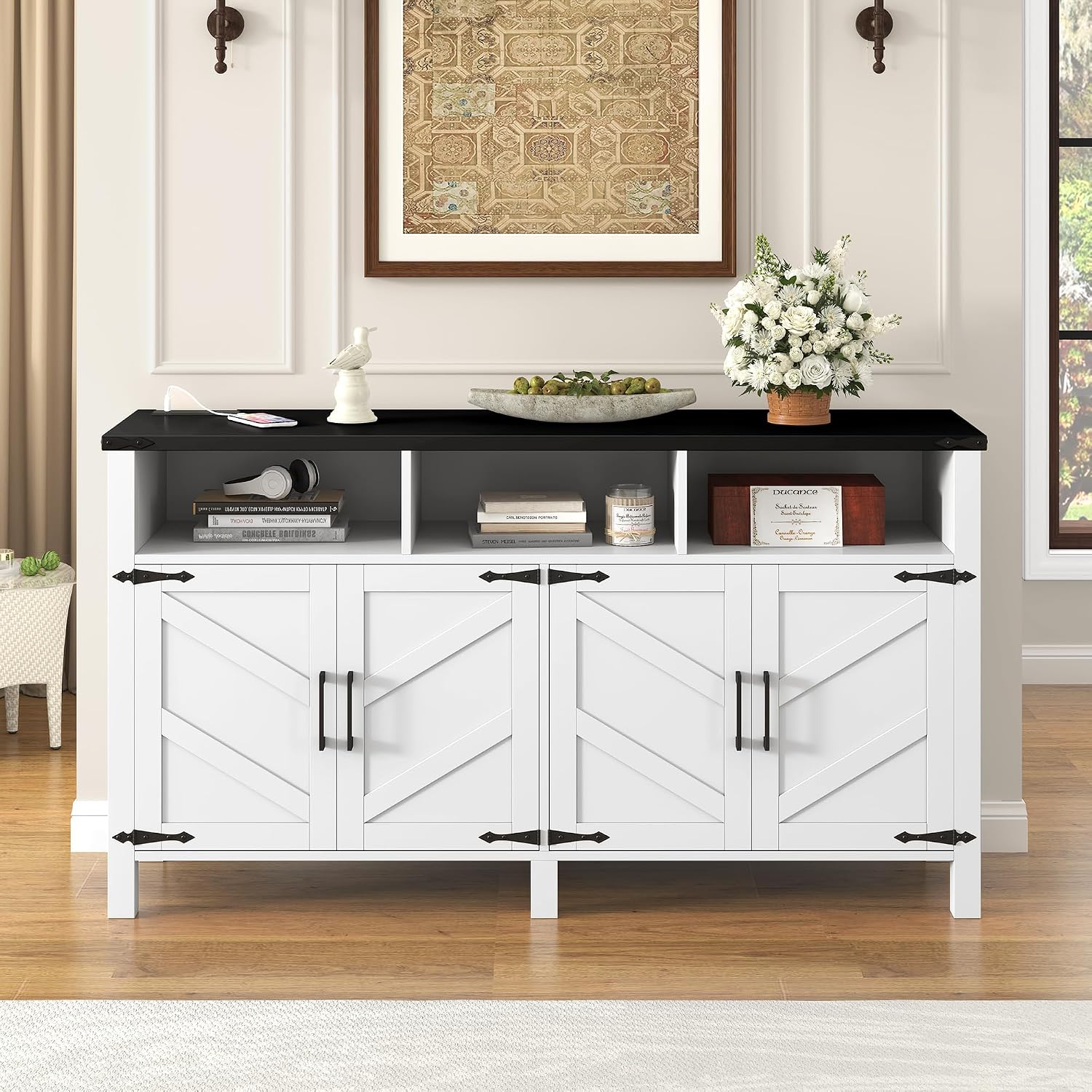 59' Modern Freestanding Storage Cabinet, Kitchen Storage Bakers Rack with Power Outlets, Utility Food Cupboard with Adjustable Shelves for Dining Room Living Room, White+Black