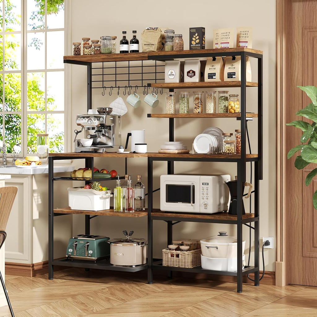 L-Shaped Bakers Rack with Power Outlet, 6-Tier Microwave Stand with Open Storage, Kitchen Shelf with Hooks, Coffee Bar with Wire Basket, Rustic Brown and Black