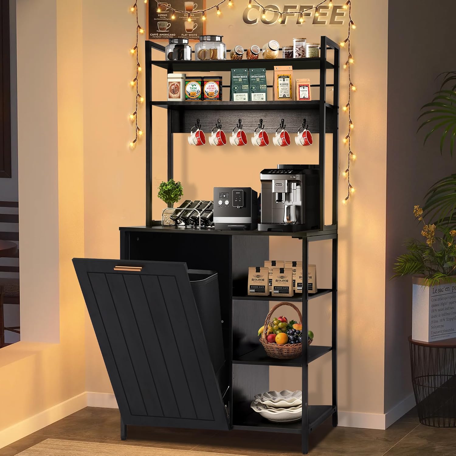 Kitchen Bakers Rack with Power Outlets, Microwave Oven Organizer with Tilt Out Trash Can Cabinet Storage Shelf 6 Tiers Coffee Bar Station Stand, Freestanding Rack with 6 Hooks for Sink Bathroom