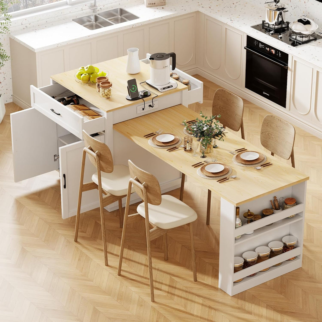 82.7 inches Kitchen Island with Extendable Table, Faux Mable Table with Double-Sized Storage, Power Outlet, 2 Drawers, 2 Side Open Shelves for Kitchen for 4-6 Person, Dining Room, White