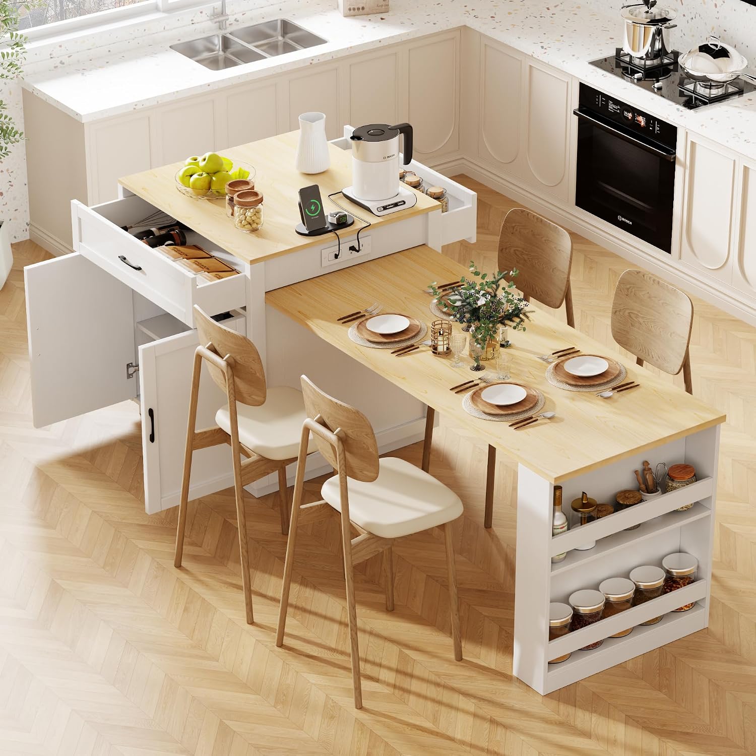 82.7 inches Kitchen Island with Extendable Table, Faux Mable Table with Double-Sized Storage, Power Outlet, 2 Drawers, 2 Side Open Shelves for Kitchen for 4-6 Person, Dining Room, White