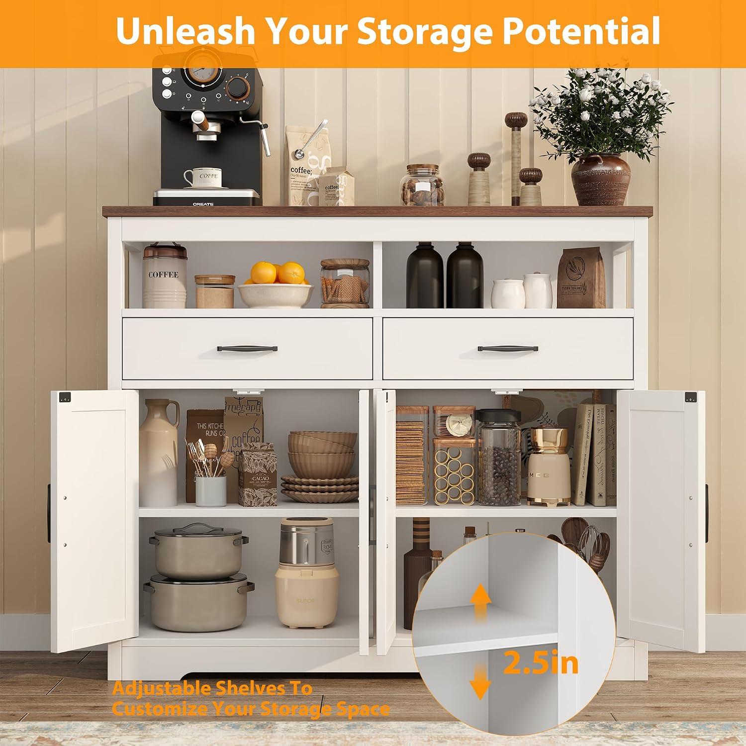 knoworld Buffet Sideboard with Storage Farmhouse with 4 Doors, 47'' Large Kitchen Storage Cabinet Wood Coffee Bar Cabinet Buffet Table with Shelves for Kitchen, Dining Room, Entryway