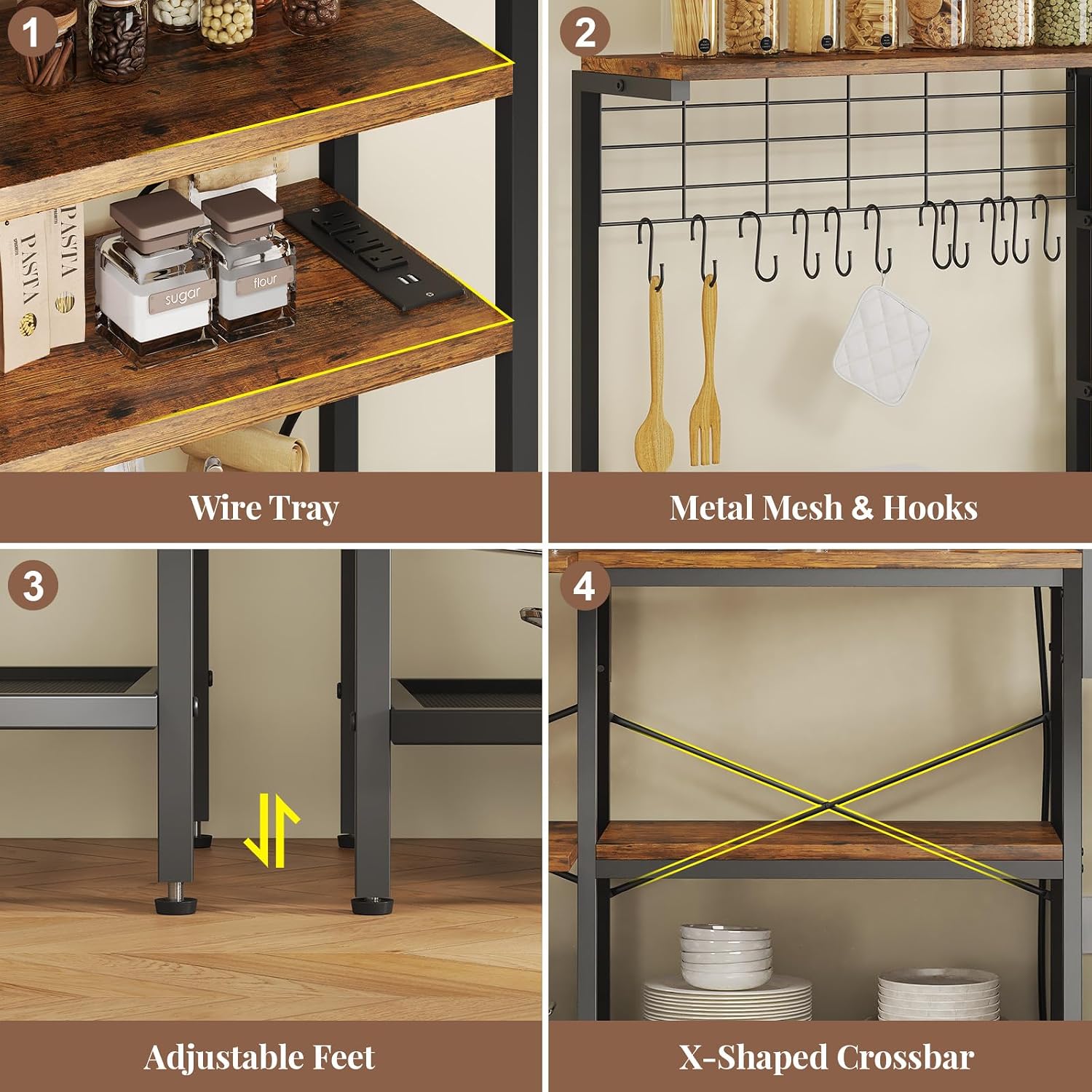 L-Shaped Bakers Rack with Power Outlet, 6-Tier Microwave Stand with Open Storage, Kitchen Shelf with Hooks, Coffee Bar with Wire Basket, Rustic Brown and Black