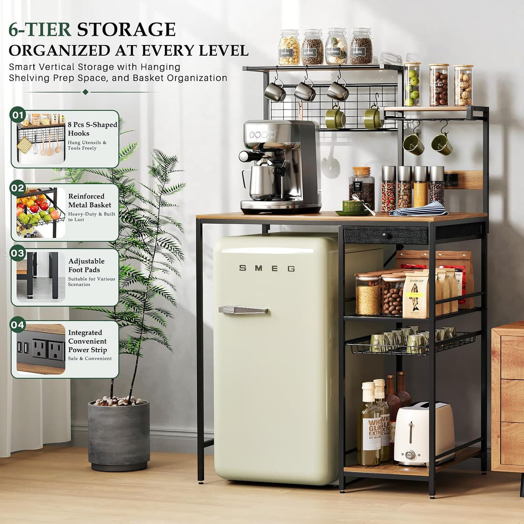Kitchen Storage Bakers Rack with Power Outlet – Coffee Bar Station with S-Shaped Hooks & Drawer, Adjustable Feet Microwave Stand for Microwave, Mini Fridge, Coffee Maker, Brown