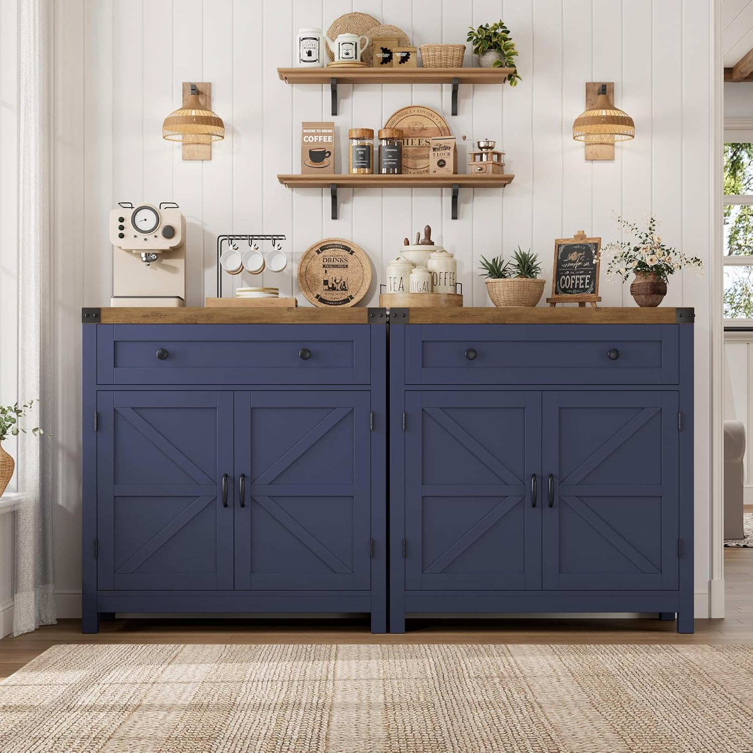 HOSTACK Coffee Bar Cabinet, Kitchen Storage Cabinet, Modern Farmhouse Buffet Sideboard with Drawer & Adjustable Shelf, Barn Door Accent Cabinets for Kitchen, Dining Room, Entryway, Blue/Rustic Brown