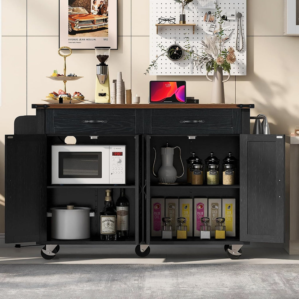 Farmhouse Kitchen Island,Large Rolling Kitchen Cart on Wheels Black | Solid Wood Storage Island with Drop Leaf, Spice Rack and Drawer,Power Outlet