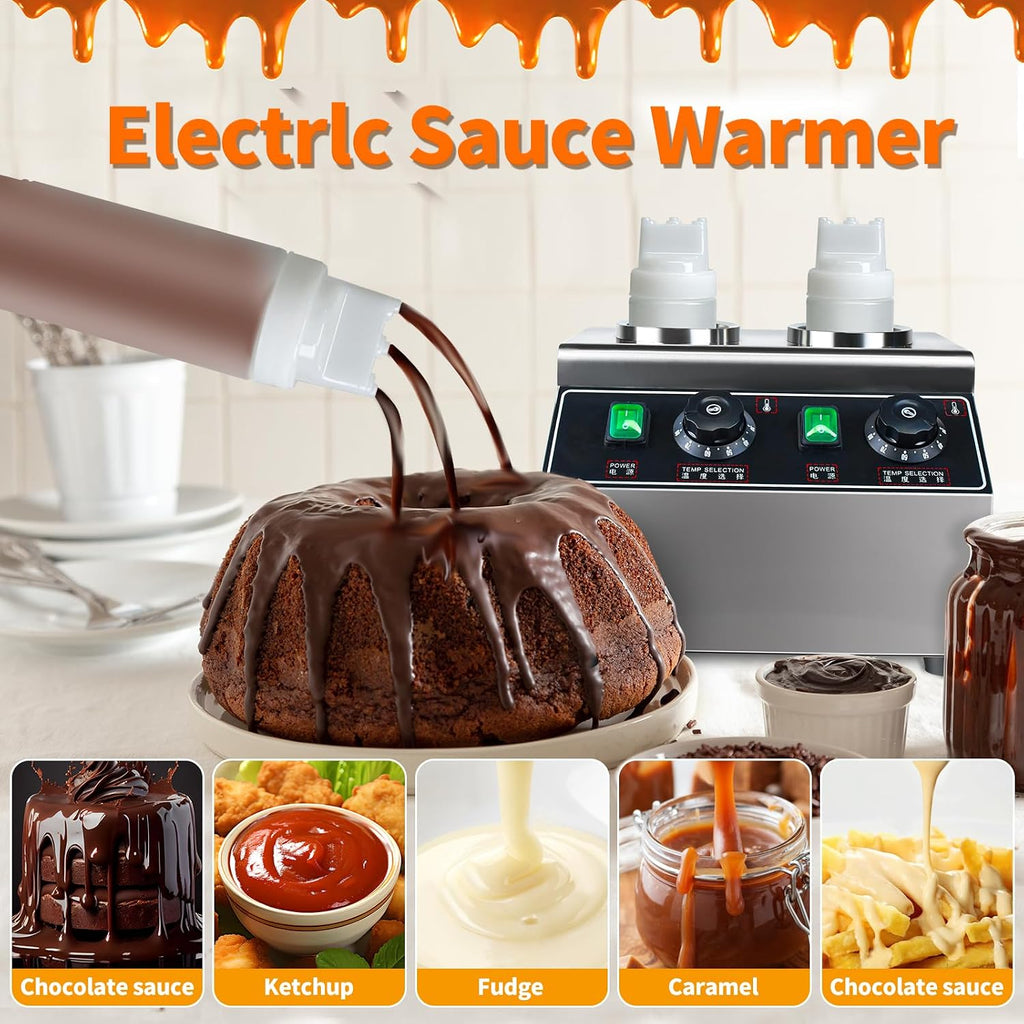 KOOTEN Cheese Warmer Electric Sauce Bottle Warmer Hot Chocolate Warmer and Dispenser 0.68x2 Qt Commercial Hot Fudge Warmer 86-185℉Sauce Warmer Dispenser,Double Bottles Nacho Cheese Warmer