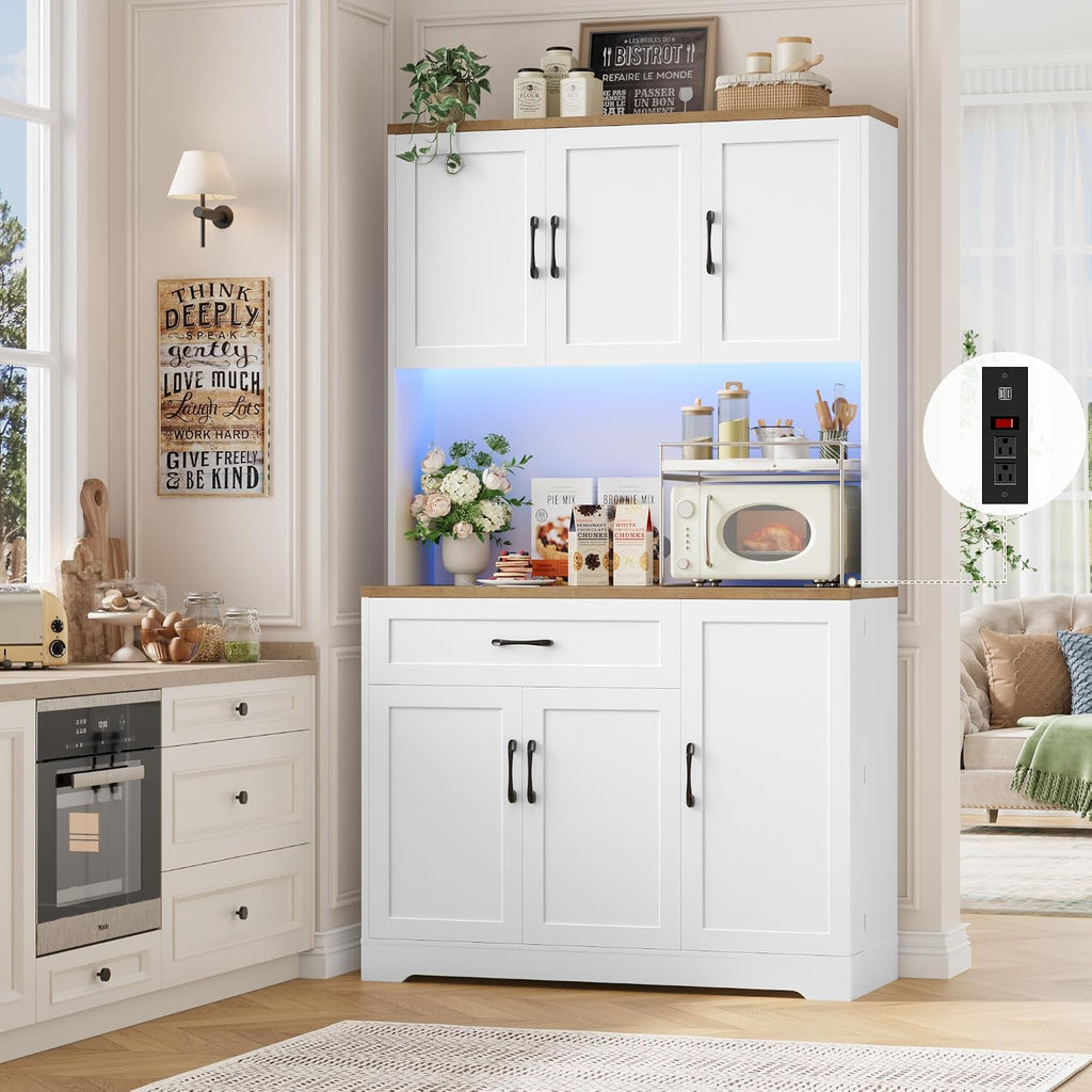 HIFIT 71' LED Pantry Cabinet with Power Outlet, Tall Kitchen Hutch Storage Cabinet with Microwave Stand & 6 Door Shelves, Modern Food Pantry Cabinets with Drawer for Kitchen Dining Living Room, White
