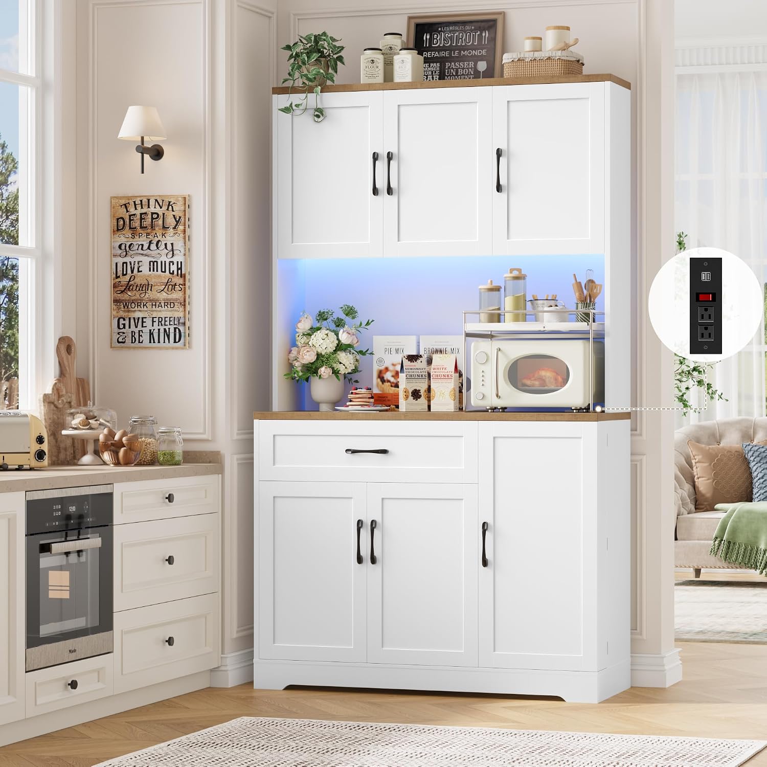 HIFIT 71' LED Pantry Cabinet with Power Outlet, Tall Kitchen Hutch Storage Cabinet with Microwave Stand & 6 Door Shelves, Modern Food Pantry Cabinets with Drawer for Kitchen Dining Living Room, White