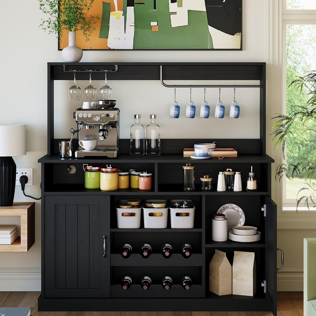 Bakers Rack With Power Outlet and LED Light 67'' Kitchen Microwave Stand Storage Shelf With 10 S-Shaped Hooks Wine Rack 5 Tiers Coffee Bar Station With Basket Cabinet Metal Grid Goblet Holder, Brown