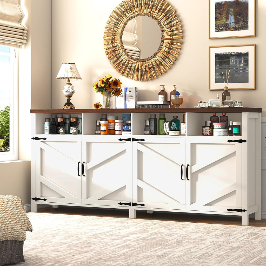 knoworld 63'' Buffet Sideboard with Storage Farmhouse with 4 Doors, Large Kitchen Storage Cabinet Wood Coffee Bar Cabinet Buffet Table with Shelves for Kitchen, Dining Room, Entryway