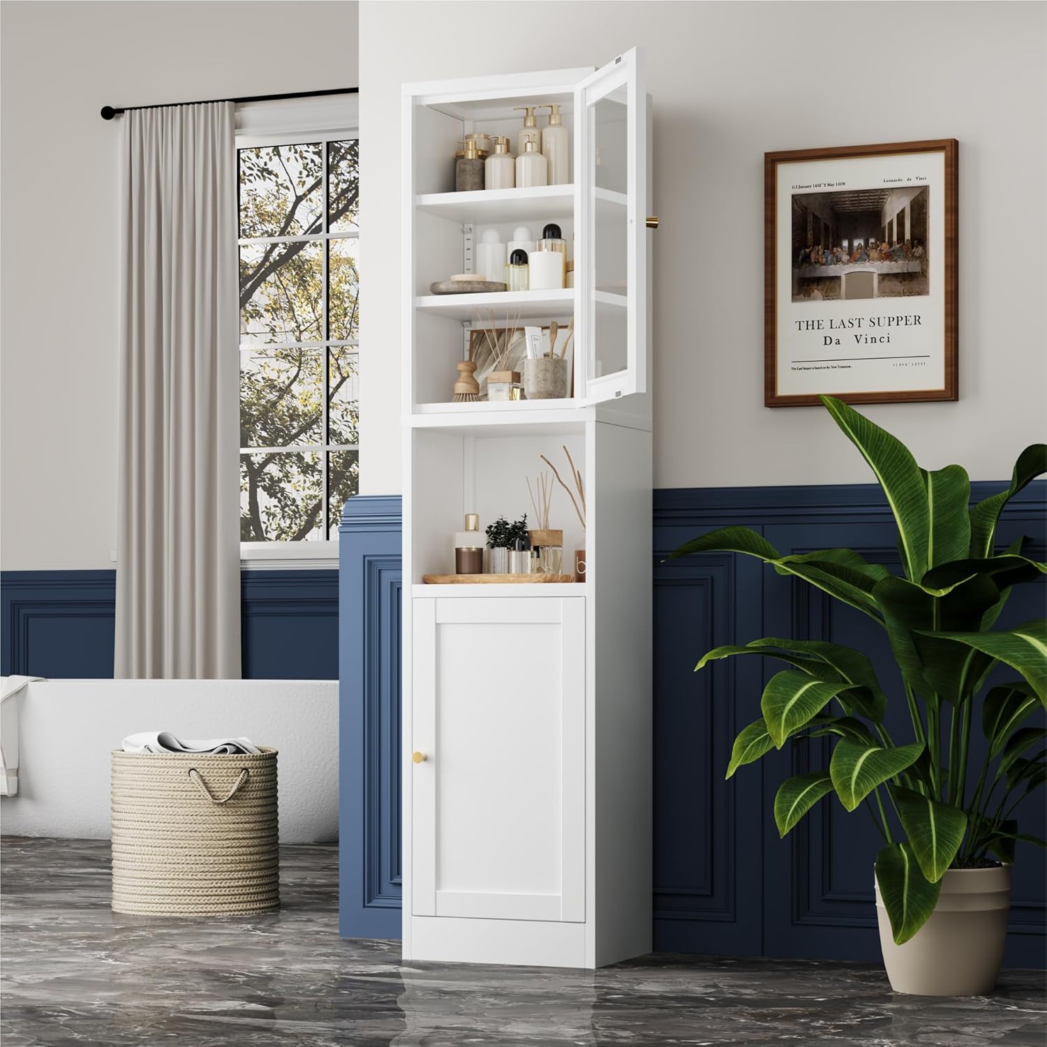 YAUWOH Metal Storage Cabinet with Glass Door, Tall Slim Pantry Organizer with 3 Adjustable Shelves (120LBS/Shelf), Anti-Tipping Waterproof Cabinet for Kitchen/Home Office/Small Spaces,(1PC,White)