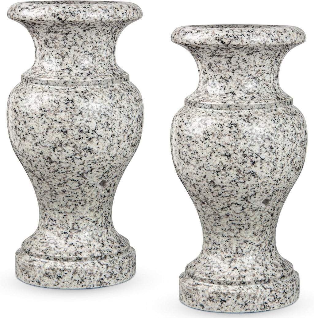 Cemetery Vase, Turned Granite Vase Polished, Memorial Stone Vases with Draining Holes for Home Tabletop, Cemetery Flowers, Grave Headstone Decorations (2Pcs, Grey)