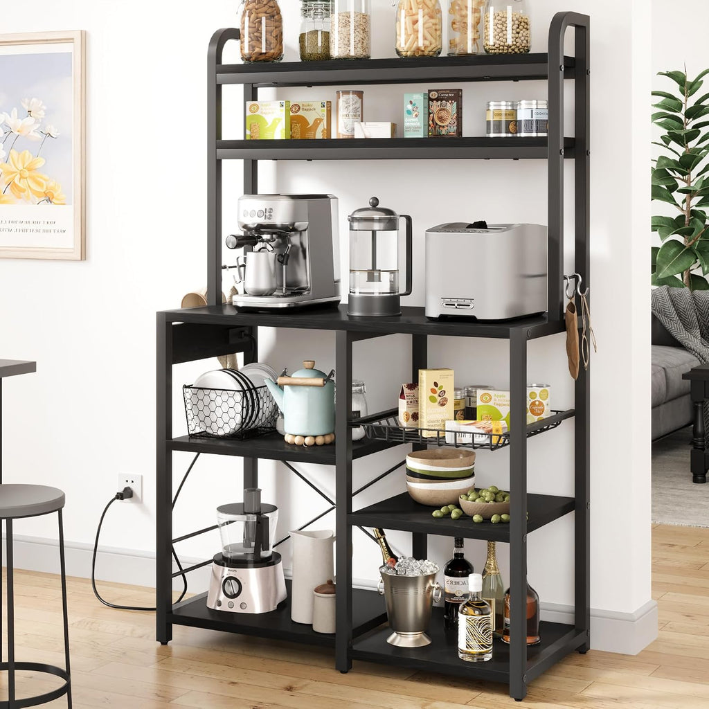 Garvee Bakers Rack with Power Outlet, 6-Tier Large Microwave Stand with Wire Basket, Large Coffee Bar Station, Open Storage Metal Kitchen Shelf Rack for Spices, Pots and Pans