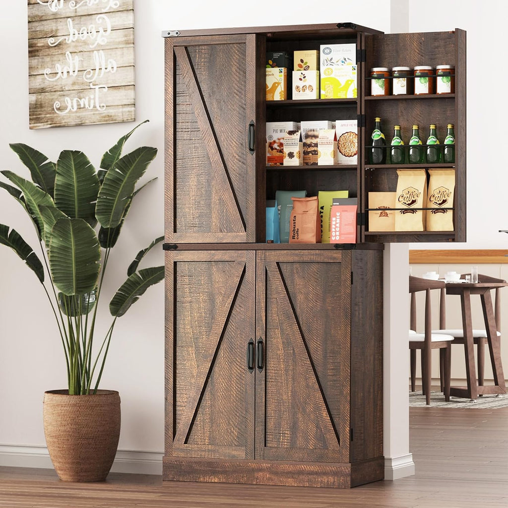 Hlivelood Farmhouse Kitchen Pantry Cabinet with 3 Drawers,71' Tall Rustic Wood Storage Cabinet with 6 Door Shelves,with Load-Bearing Steel Pipe,Pantry Organizers for Kitchen,Dining Room(Rustic Brown)
