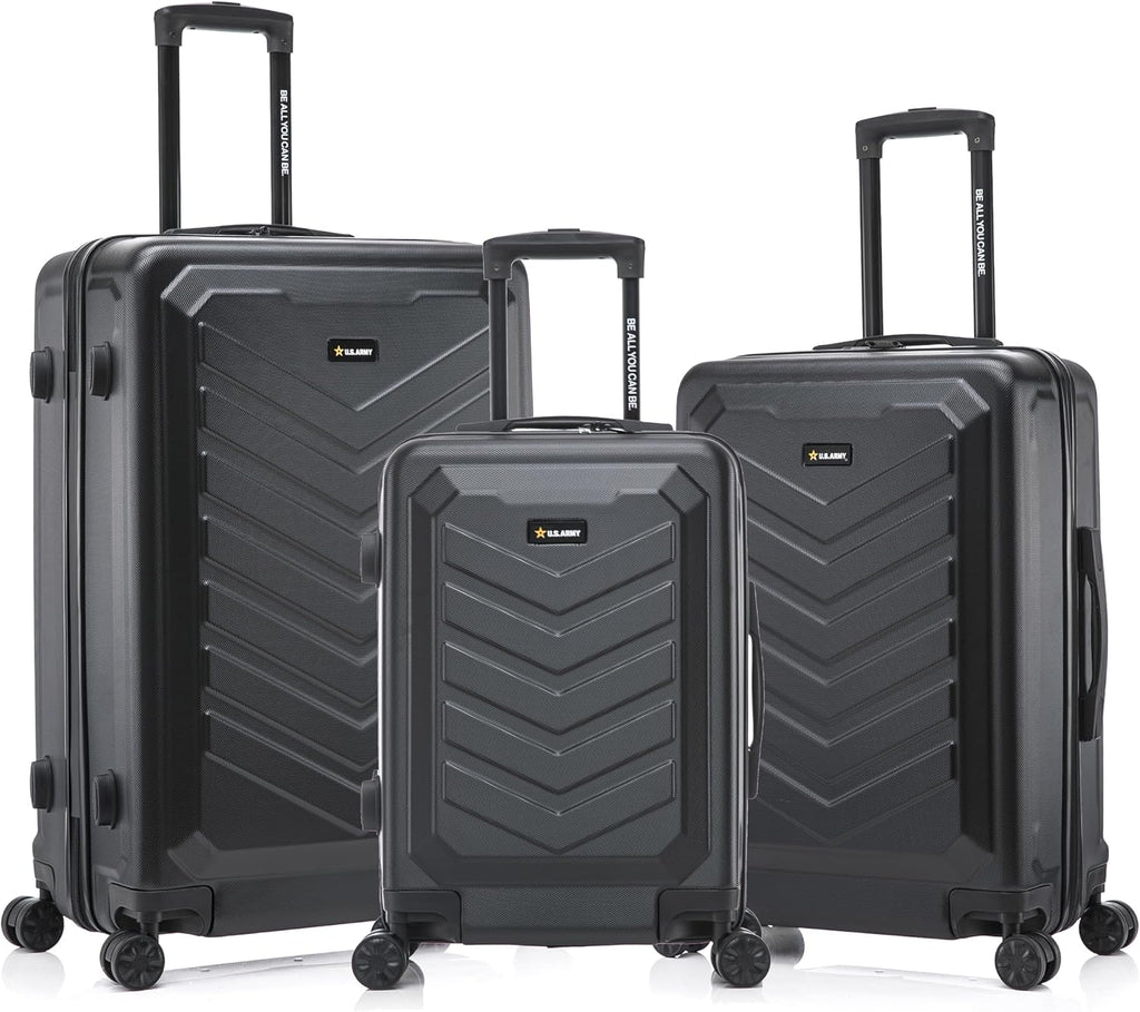 US ARMY FOX 3 Pcs Set Hardshell Luggage with Spinner Wheels | 20, 24, 28 inch Lightweight Travel Suitcase, Chevron Icon, Gel Handle, Retractable Trolley, Side Studs | Black