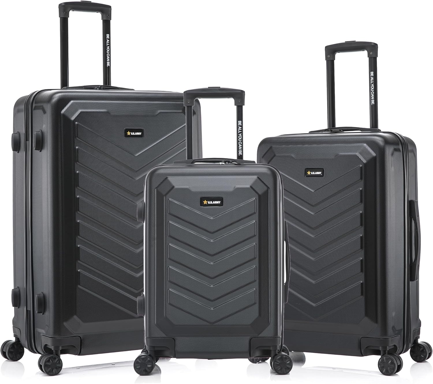 US ARMY FOX 3 Pcs Set Hardshell Luggage with Spinner Wheels | 20, 24, 28 inch Lightweight Travel Suitcase, Chevron Icon, Gel Handle, Retractable Trolley, Side Studs | Black