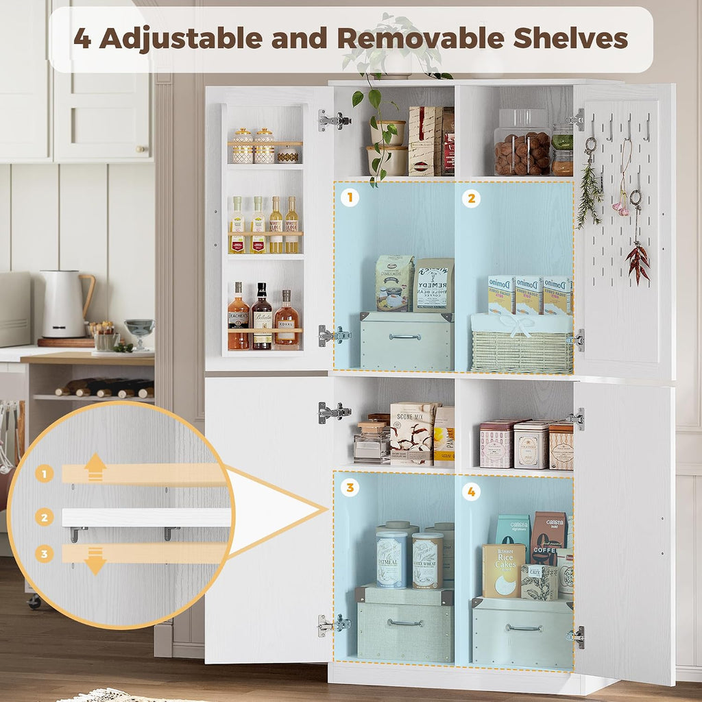 IRONCK 71' Kitchen Pantry Storage Cabinet with Storage Rack, Pegboard Doors, 4 Adjustable Shelves, Food Pantry Cabinet, Freestanding Tall Cupboard for Dining Room, Kitchen, White