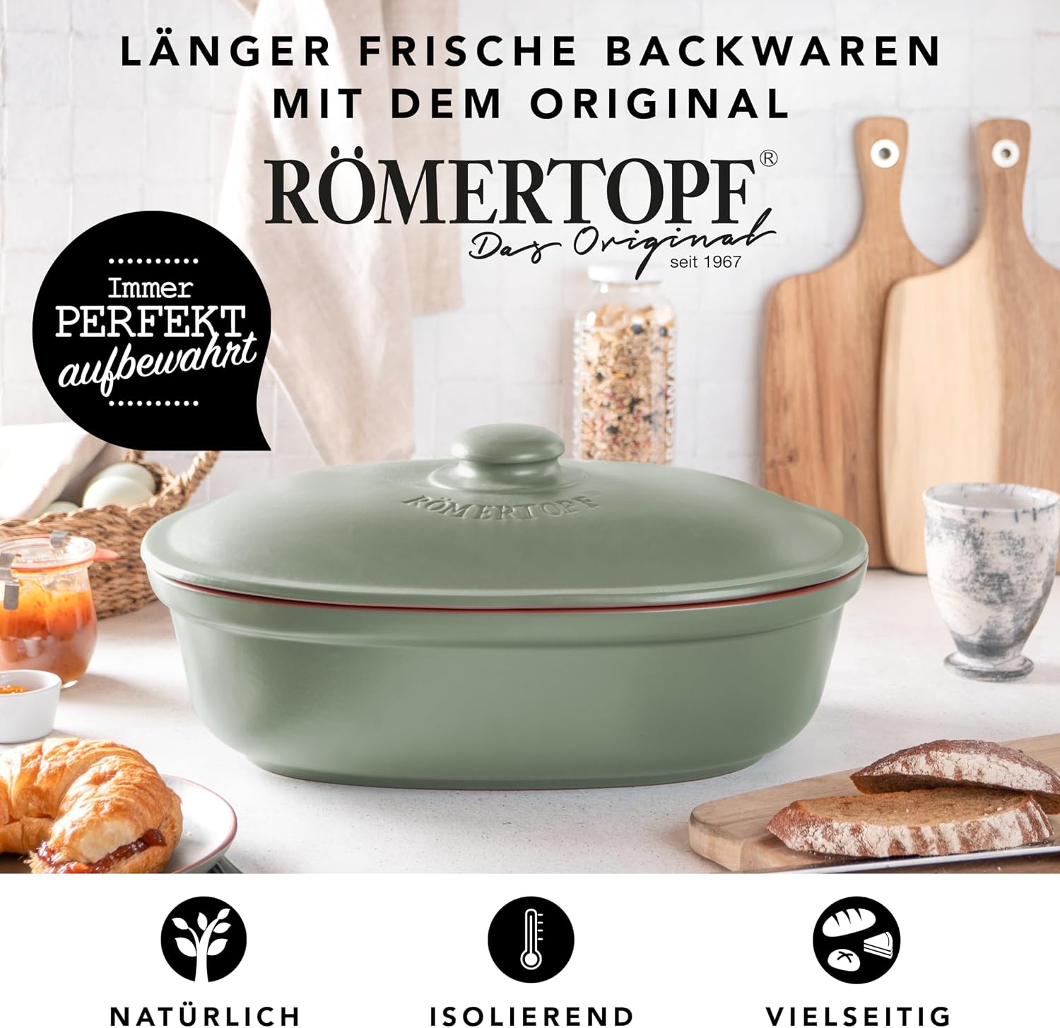 Romertopf Maxi Oval Bread Pot 6.5 Litres – Green Ceramic Bread Bin – Breathable Clay Pot for Long-Lasting Freshness of Bread and Rolls