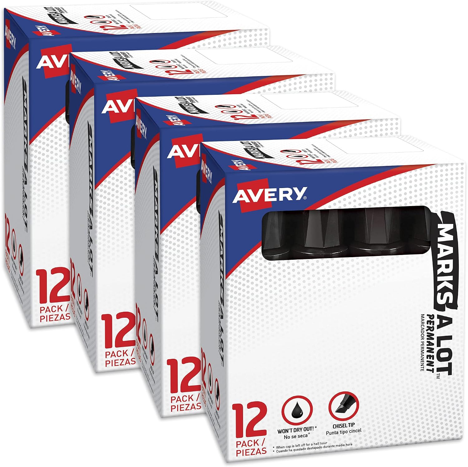 Avery Marks A Lot Jumbo Chisel Tip Marker, Desk-Style Size, Water and Wear Resistant, 12 per Box, 4 Boxes, 48 Markers Total (24148)