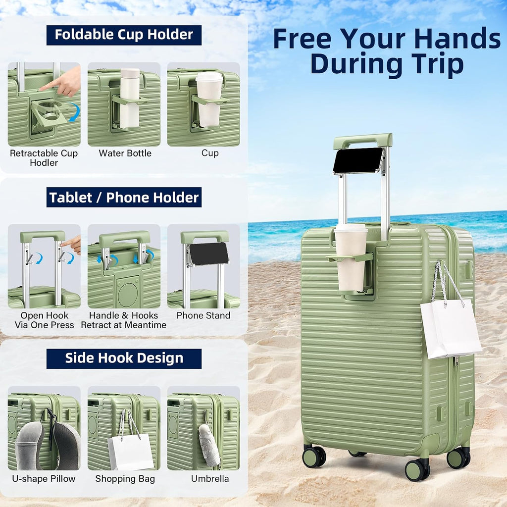 HanTrip Hard Shell Suitcases 24 Inch Check in Luggage with Spinner Wheels Cup Holder, Lightweight Top Opening Expandable Luggage Hard Case Rolling Medium Checked Suitcase with Lock, Bamboo Green
